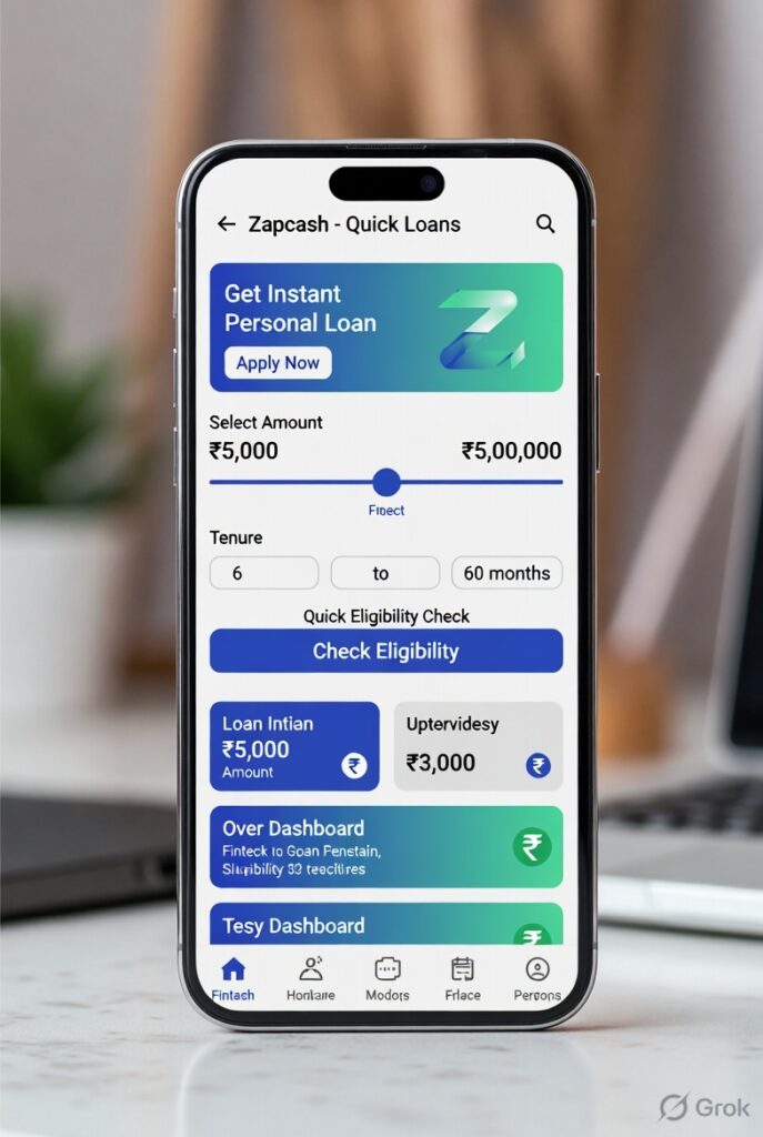 Zapcash Quick Loans app showing ₹5 lakh instant loan offer